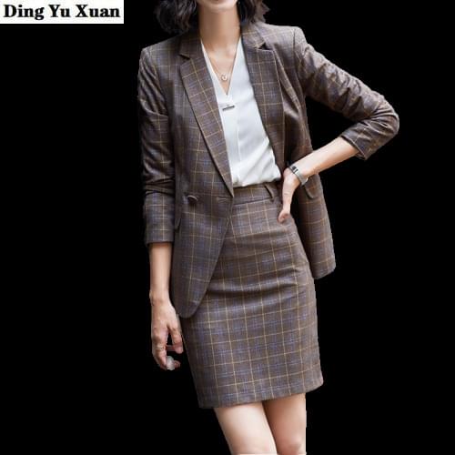 Ladies Formal Plaid Brown Skirt Suit Two Piece Slim Blazer and Skirt Set Autumn Professional Business Work Wear Suits for Women