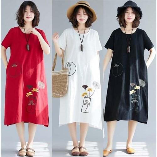 Robe Vintage Femme 2019 Summer Dresses Women Linen Embroidery Floral Retro Dress Midi Elegant Chinese Dresses Summer 2019 TA1651