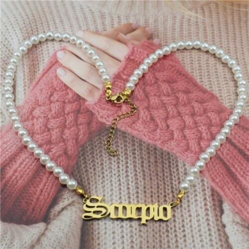 Imitation Pearl Necklace 12 Zodiac Necklace for Women Gold Gemini Aries Aquarius Letter Choker Necklaces BFF Constellation