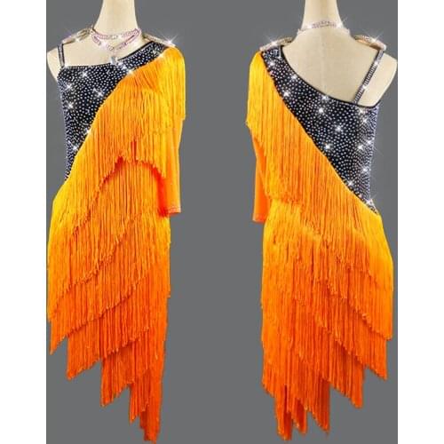 High Quality Latin Dance Dress Female Performing Competition Orange Fringe Dance Dress Chacha/Samba/ Rumba Costume VDB2367