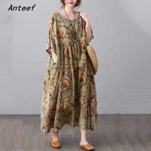 Short sleeve plus size cotton vintage floral dresses for women casual loose long summer dress elegant clothes 2021 sundress
