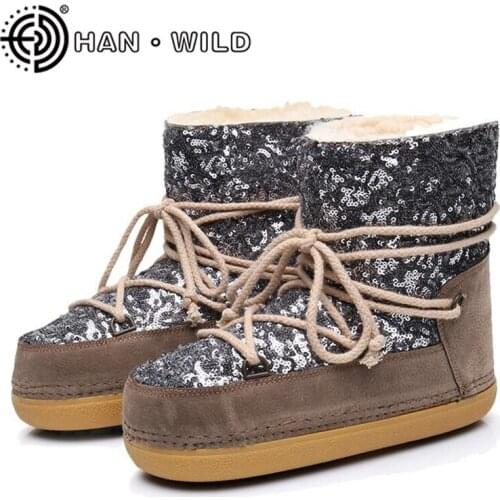 Winter Warm Shoes Women Real Fur Snow Boots Lace Up Sequins Ankle Boots Ladies Long Plush Woolen Boots Non-slip Female Ski Shoes