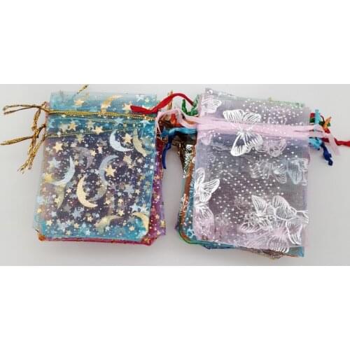 100Pcs 7x9 9x12 13x18 Butterfly Star Moon Jewelry Bag Drawstring Gift Bag for Jewelry Packing Display Bags Organza Storage Pouch