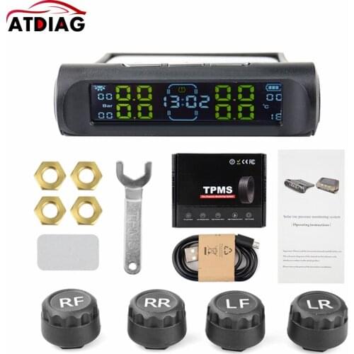 Car TPMS Solar Charging Tire Pressure Monitoring System Waterproof LCD Display Monitor Type Pressure Sensors TMPS Sensor Clock