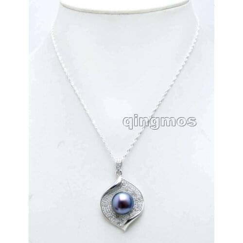 Big 11-13mm Black Flat Round Natural Pearl with silver 26*36mm Drop Pendant free 16" silver 925 Chain-nec6124