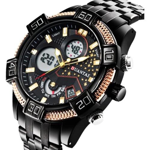 Duantai Steel Belt Multifunctional Double Movement Mens Watch Electronic Watch Sports Watch Waterproof Luminous Quartz Watch