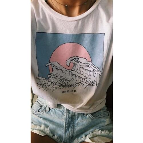 HahayuleAnd So It Is Ocean Wave Aesthetic T-Shirt Women Tumblr 90s Fashion White Tee Cute Summer Tops