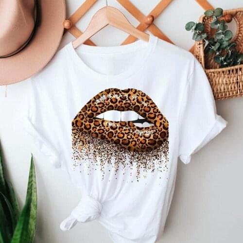 Women Fashion Lip Leopard Style Casual Lady Summer Short Sleeve Tshirts Clothes Graphic T Top Lady Print Female Tee T-Shirt