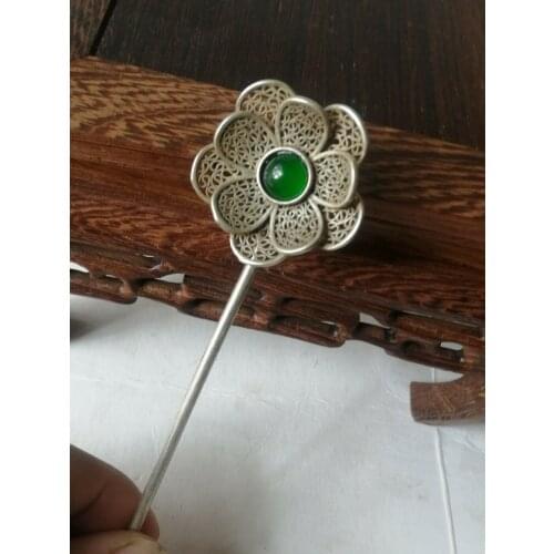 Chinese old Tibet silver Gemstone inlay Carving butterfly Hairpin