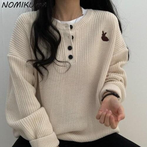 Nomikuma Korean Cartoon Embroidery Woman Sweaters Causal Long Sleeve O-neck Pull Femme 2021 Autumn Winter Knitted Pullover 6L991