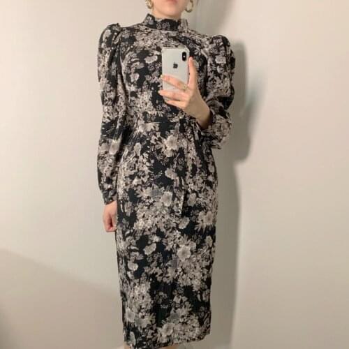 2021 New Korean version Chic Elegant stand collar Frenulum Slim Broken flower Long Dress Spring and autumn