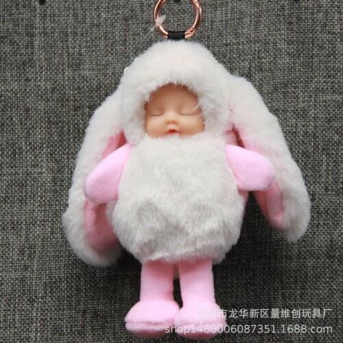 NEW Cute Sleeping Baby Doll Long-eared rabbit KeyChains For Women Bag Toy Key Ring Fluffy Pom pom Faux Fur Plush Keychains