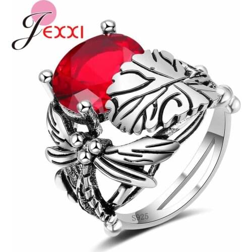 New Arrival Unique Design Dragonfly Leaf Band 925 Sterling Silver Jewelry Red Blue Green Clear AAA+ Zirco Ring