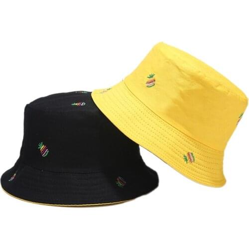 Korean Embroidery Bucket Hat Men Pineapple Print Sun Fashion Novel Fisherman Bob Women Street Hip Hop Folding Panama Fishing Cap