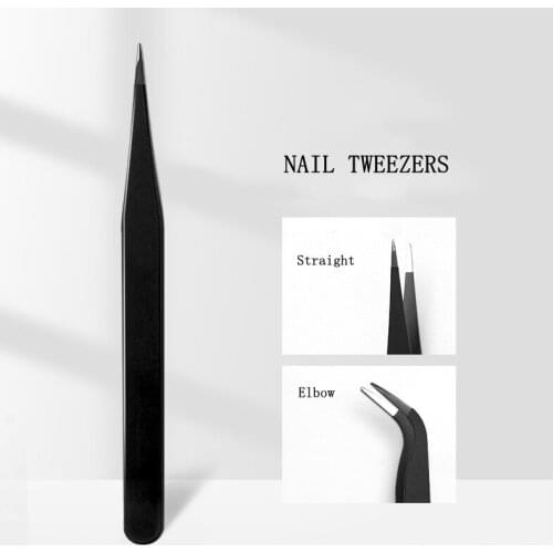 Straight and Curved Elbow Nail Art Stainless Steel Black Tweezer Rhinestones Nipper Picking Tool Sequins Beads DIY Tweezers
