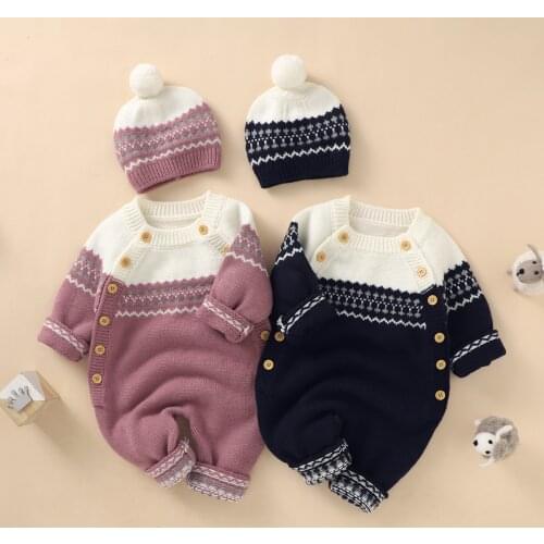 Bmnmsl Babies Casual Two-piece Knit Clothes Set Long Sleeve Side Button Round Collar Jumpsuit and Cap Dark Pink/ Charcoal/ Navy