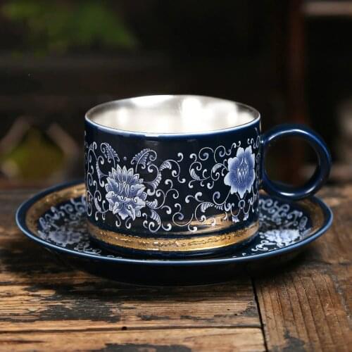 Jingdezhen 999 Silver Gilded Ceramic Tea Cup Office Coffee Cup Latte Cup Suit Pure Silver Water Cup Master Cup Single Cup