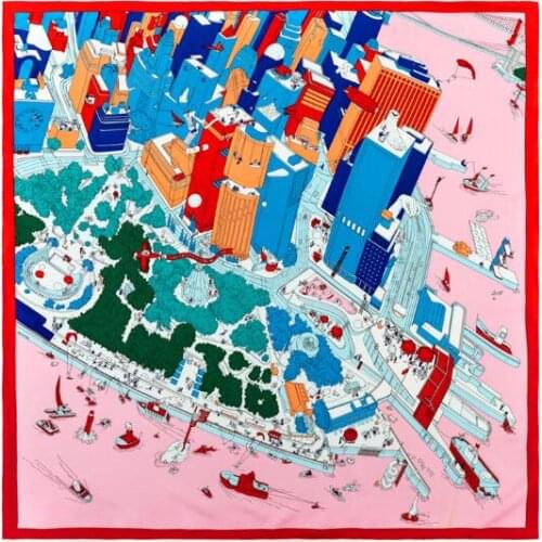 90 CM Manual Hand Rolled Twill Silk Scarf Women Flourishing City Print Square Scarves Echarpes Foulards Femme Wrap Bandana Hijab