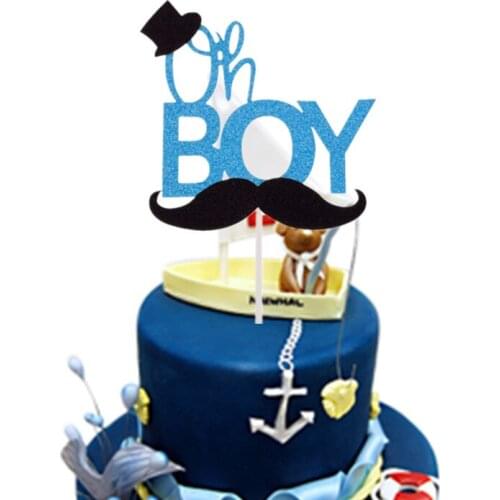 Cake Topper Happy Birthday Oh Boy Gentleman Hat Mustche Paper Board Baby Shower Party Cupcake Decoration DIY Supplies Blue New