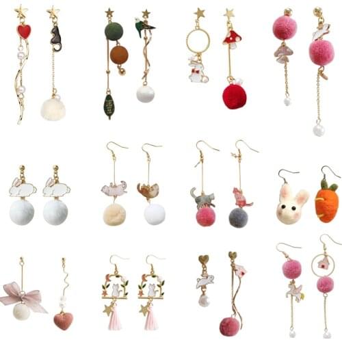 Japanese Asymmetry Cute Pom Pom Ball Cartoon Animal Rabbit Drop Earrings Lovely Long Pink Cat Earrings For Women Girls female