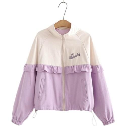 Womens Jacket Letter Embroidery Ruffles Patchwork Jackets 2020 Winter Long Sleeve Stand Collar Casual Zipper Outwear Coats