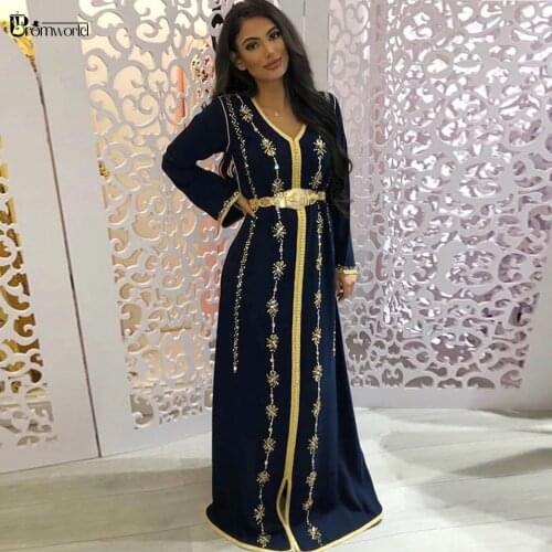 Navy Blue Robes De Soirée Moroccan Kaftan Formal Dresses Long Sleeves A-Line Satin Dubai Arabic Muslim Evening Gowns for Women