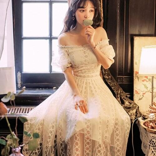 SHTONGHUA Vestidos Women Lace Maxi Short sleeve Dress 2019 Summer Runway Designer Solid Slash nech Hollow Out Party Long Dress