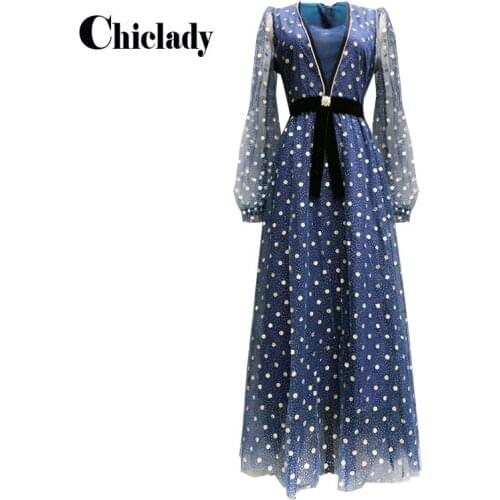CHICLADY runway designer navy blue luxury maxi dress glitter beading v-neck celebrity style A-line dot dresses robe crystal new