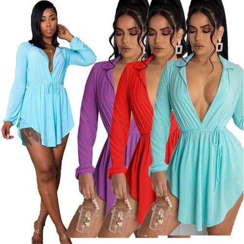 Women Sexy Deep V Neck Long Sleeve Solid Pleated Dress Summer 2021 New