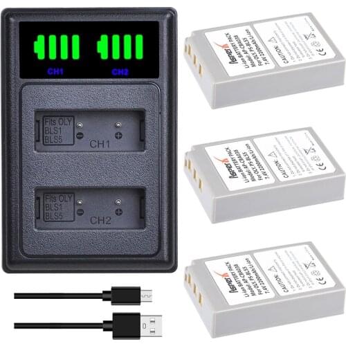 3Pcs PS-BLS5 BLS-5 BLS5 BLS 5 Batteries + LED USB Dual Charger for Olympus OM-D E-M10 PEN E-PL2 E-PL5 E-PL6 E-PM2 Stylus 1