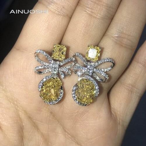 AINUOSHI 14K/18K White &Gold Two-Tone 8X10mm Radiant Cut Yellow AINUOSHI Stone Bow Drop Earrings for Women Unique Party Earrings