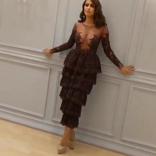 Black Evening Dresses Sheer Crew Neckline Lace Tiered Long Transparent Sleeve Sheath Prom Dresses Arabic