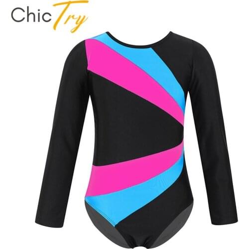 ChicTry Kids Long Sleeve Ballet Gymnastics Leotard Girls Color Block Cutout Sports Bodysuit Competition Professional Dance Wear