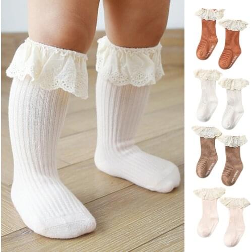 Toddler Infant Baby Girls Knee High Socks with Grips Ruffled Lace Ribbed Knit Solid Color Non-Skid Cotton Long Stockings 0-3Y