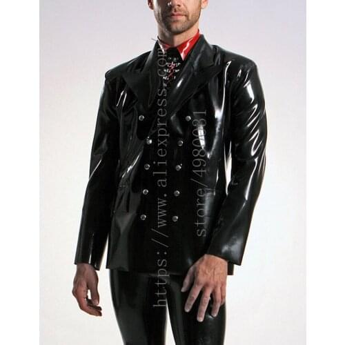 Made of 0.6mm thickness natural latex business suit black mens slim latex short jacket