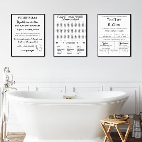 Black White Bathroom Word Search Wall Art Canvas Painting Modern Funny Toilet Rules Poster Print Humour Picture Washroom Decor