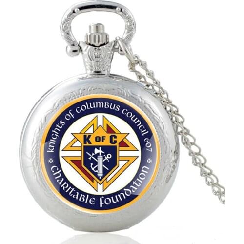 Classic Knights of Columbus Design Silver Vintage Quartz Pocket Watch Men Women Glass Dome Pendant Necklace Hours Clock Gifts
