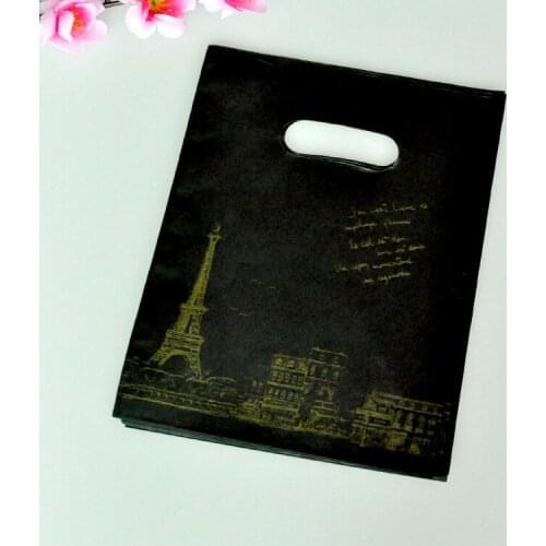 15*20cm 100pcs/lot small plastic bag tower print black jewelry packaging bag cute plastic gift bag shopping bags with handle