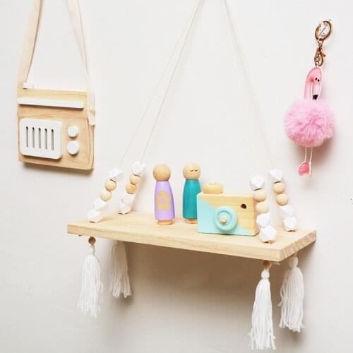 DIY Wood Beads Wall Shelf Flower Pot Rack Children Room Organizer Nordic Tassel Hanging Decor Kids Clothing Store Display Stand