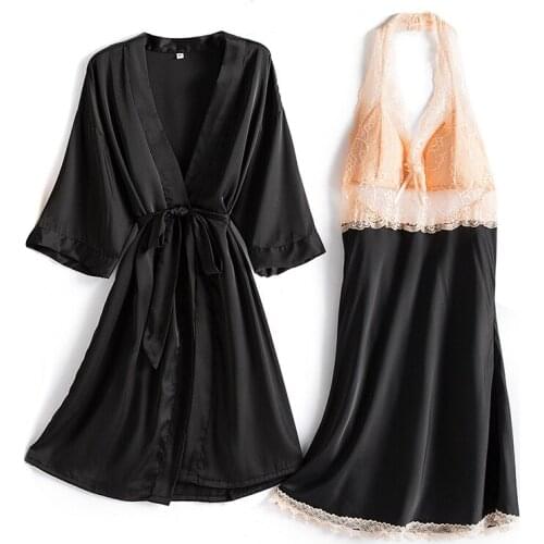 Pajamas Set Womens V-Neck Cami Pijama 2PCS Sexy Nightgown Kimono Robe Gown Lady Sleep Suit Sleepwear Wear Home Nighties Clothes