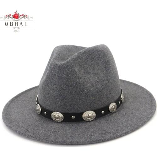 QBHAT Unisex Wide Brim Wool Jazz Hat Cap Rivet Belt Decor Panama Trilby Fedora Hats Men Women Lovers Party Carnival Formal Hat