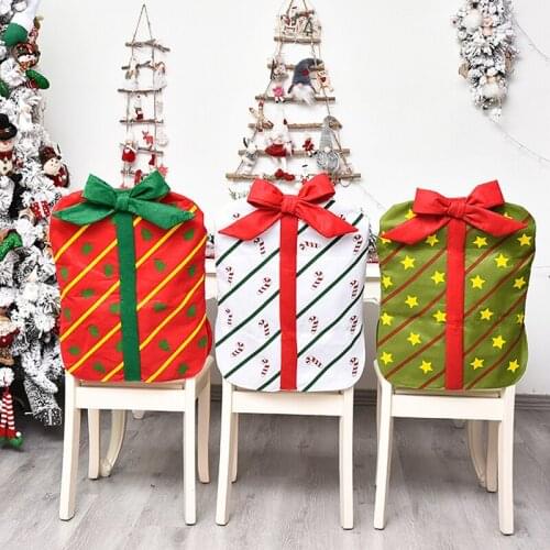 Christmas Chair Back Cover Gift Box Shape Bow Decoration Cute Element Printing Chair Sashes for Home Office Hotel Decor Xmas New