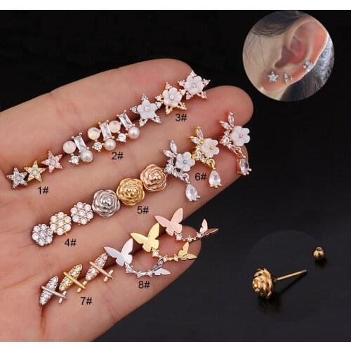 1 PCS Cute Small CZ Ear Stud Cuff Earrings Trendy Mix Design Gold Color Flower Star Zircon Stainless Steel Bar Ball Earring Ears