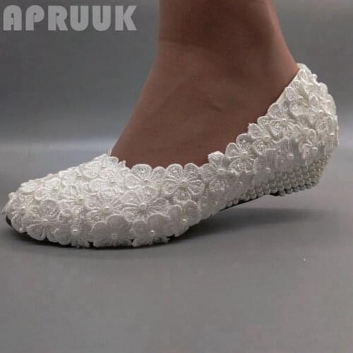 3CM wedges low tiny pearls heel wedding shoes bride handmade lace flower bridal ivory wedding shoes bridesmaid ladies party pump