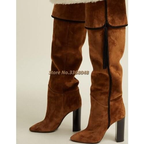 Suede Women Knee High Boots Tassel Block Heel Round Toe Dress Winter Boots Slouchy Style Flock Brown Long Boots