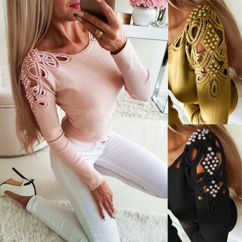 Pink Black Ladies Tshirt Solid Color Tops Fake Pearl Women T-Shirt Tee Shirt Long Sleeve Autumn Spring Hollow Female T-Shirt D25