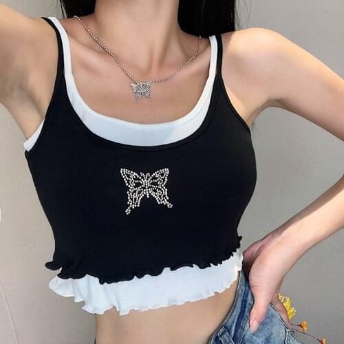 Gothic Black And White Patchwork Camis Women Streetwear Sexy Slim Casual Crop Tops Harajuku Butterfly Embroidery Cotton Clothes