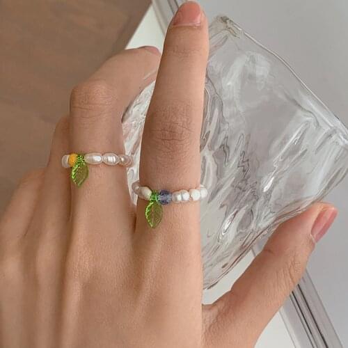 Origin Summer Korean Fashion Irregular Freshwater Pearl Beaded Ring for Women Textured Green Leaf Index Finger Ring Jewellery