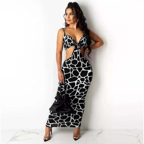 2021 Best Quality Famous Brand Dress Leopard Hollow Out Spaghetti Strap Summer Sexy Club Bodycon Maxi Dress Vestido