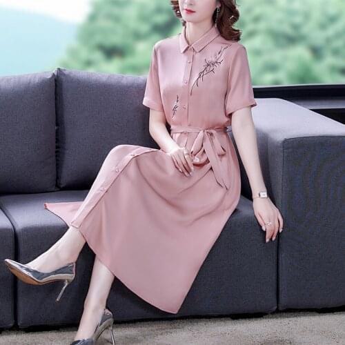 Summer Embroidery 4XL Plus Size Vintage Midi Dresses 2021 Casual Floral Mulberry Silk Dress Elegant Women Bodycon Party Vestidos